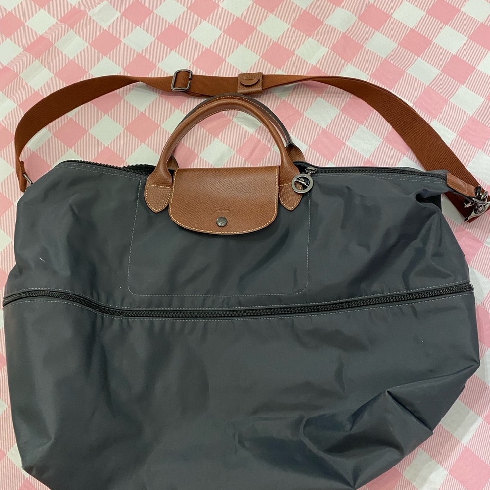 Longchamp Expandable Gray Duffel Bag with Leather Accents